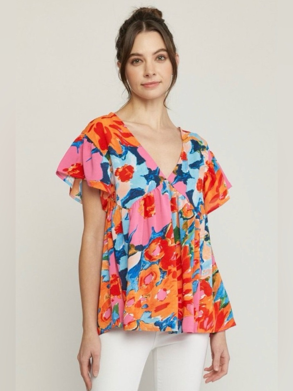 Entro Floral Babydoll Ruffle Sleeve Top Size Large